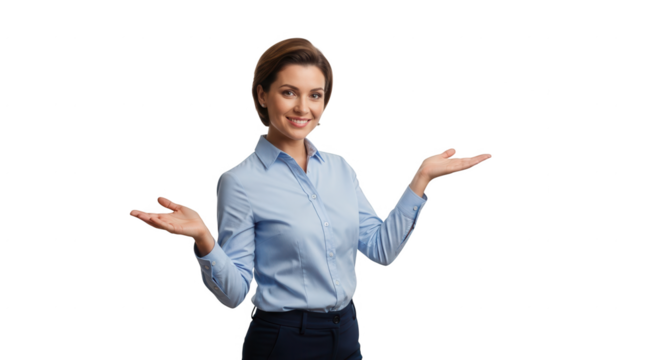 Professional woman presenting product or service with open hands on black background for marketing use on transparent background