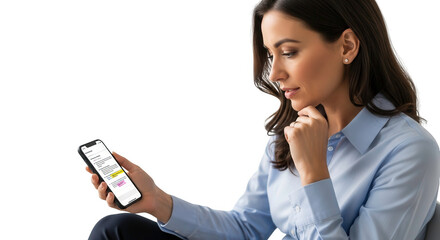 Woman using mobile phone app for business communication and online banking transactions on her smartphone on transparent background