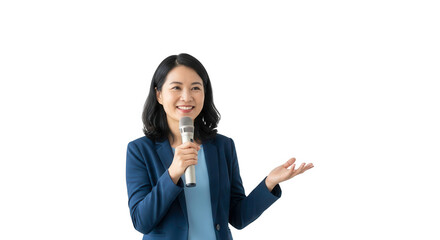 Woman giving presentation with microphone public speaking business conference speaker leadership training on transparent background