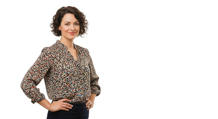 Professional woman portrait in blouse looking at camera with hands on hips isolated on black background on transparent background