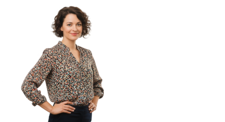 Professional woman portrait in blouse looking at camera with hands on hips isolated on black background on transparent background