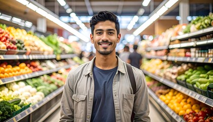 A young man stands confidently in a brightly lit grocery aisle, surrounded by colorful produce.
