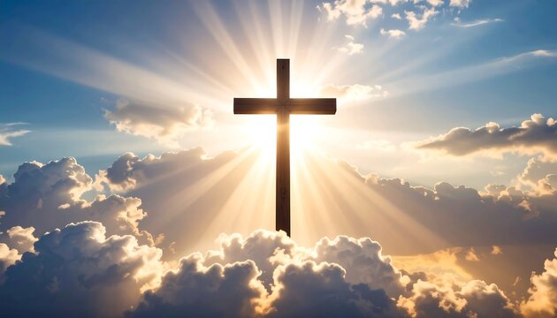 Crucifix Silhouette Cross Against Sunny Sky with Divine Light and Clouds  Hope  Faith.