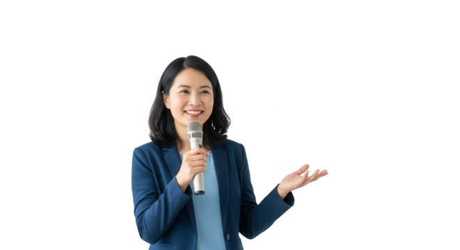 Woman giving presentation with microphone public speaking business conference speaker leadership training on transparent background