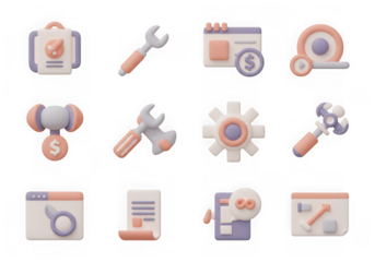 Assortment of pastel 3d icons for business, finance, and tools, isolated on transparent background