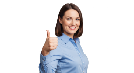 Stock photo of woman giving thumbs up gesture in blue shirt on black background for positive feedback on transparent background