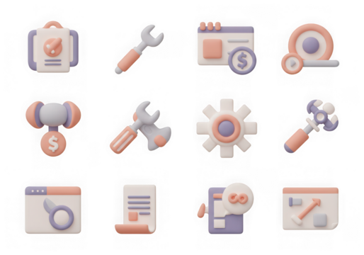 Assortment of pastel 3d icons for business, finance, and tools, isolated on transparent background