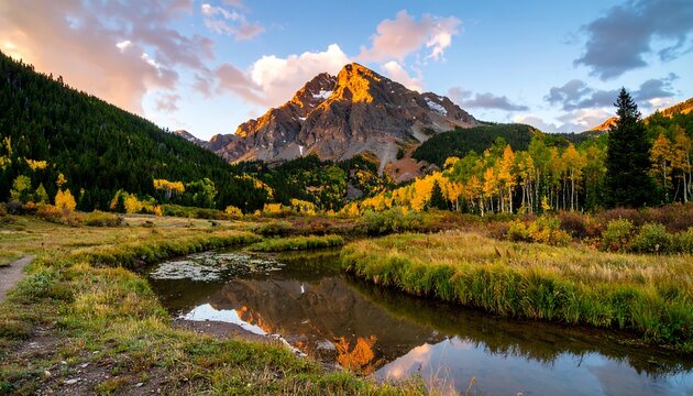 Mountain stream at autumn sunset