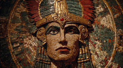 Captivating mosaic art portraying a regal ancient figure with an ornate headdress, reflecting classical beauty and cultural richness