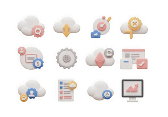 Collection of 3d technology and cloud service icons, isolated on transparent background