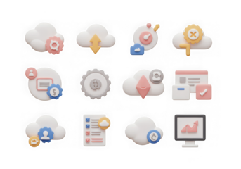 Collection of 3d technology and cloud service icons, isolated on transparent background