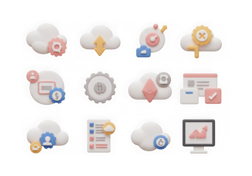 Collection of 3d technology and cloud service icons, isolated on transparent background