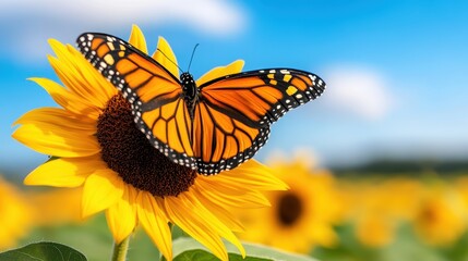 Fototapeta premium Vibrant Monarch Butterfly on Bright Sunflower Against Blue Sky