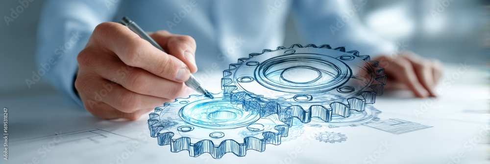 Aufkleber engineer sketches mechanical gears while designing a project in a workspace focused on innovation an