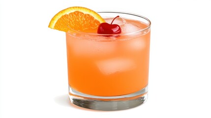Refreshing Orange Cocktail with Cherry Garnish over Ice