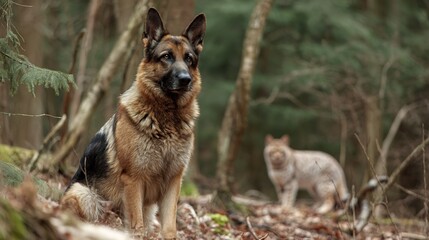 German shepherd sitting alert forest edge while wild lynx moves silently behind powerful mix of domestic guardian pet and wildlife predator