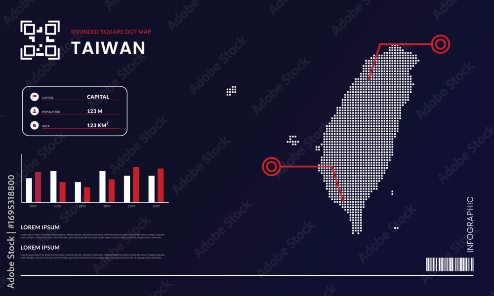 Poster rounded square dot map of taiwan with infographic presentation template use for design element
