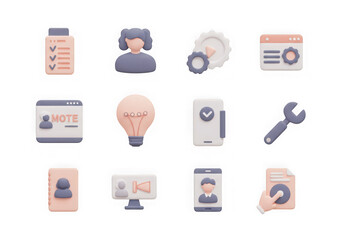 Collection of 3d pastel icons representing various business and technology concepts, isolated on transparent background