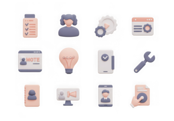 Collection of 3d pastel icons representing various business and technology concepts, isolated on transparent background