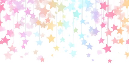 A whimsical display of pastel-colored stars, hanging like decorations, creates a cheerful and airy ambiance.