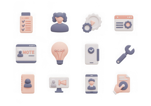 Collection of 3d pastel icons representing various business and technology concepts, isolated on transparent background - Powered by Adobe