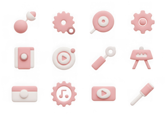 A set of charming 3d icons in pink and white, illustrating various digital tools and concepts, isolated on transparent background