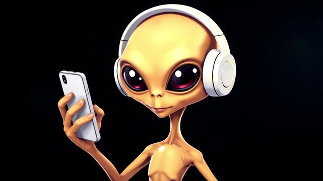 Funny yellow alien with big eyes wears headphones and holds a smartphone in his hand, on a black background. The alien uses gadgets and modern technologies