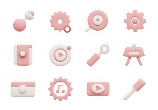 A set of charming 3d icons in pink and white, illustrating various digital tools and concepts, isolated on transparent background