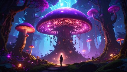 Enchanting luminous forest scene with bioluminescent mushrooms and a lone figure