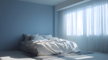A serene bedroom interior, bathed in natural light, features a simple, uncluttered design with a light-blue wall and a white bed.
