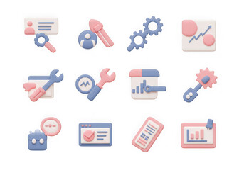 Set of 3d pastel icons representing business, finance, and data analysis, isolated on transparent background
