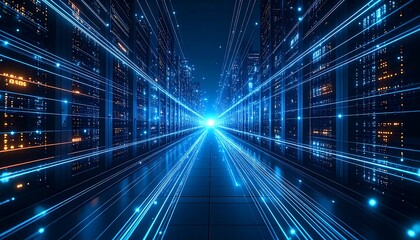 Digital data flow in a server room with futuristic lines concept, and high tech environment.