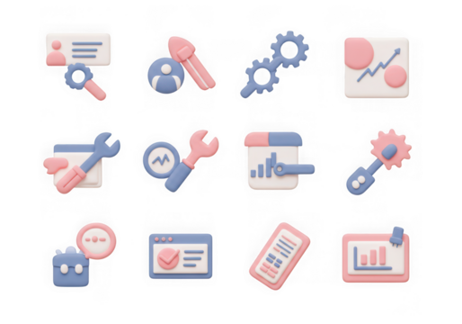 Set of 3d pastel icons representing business, finance, and data analysis, isolated on transparent background
