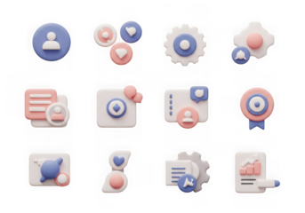 Assortment of 3d icons for user interface, settings, and data visualization, isolated on transparent background