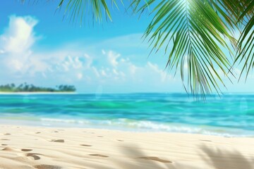 Serene tropical beach scene with gentle waves, soft sand, and palm fronds framing the view