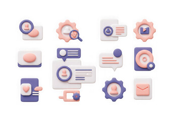Collection of 3d icons representing user interface elements, settings, and communication, isolated on transparent background