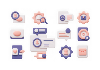 Collection of 3d icons representing user interface elements, settings, and communication, isolated on transparent background