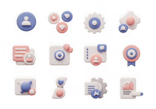 Assortment of 3d icons for user interface, settings, and data visualization, isolated on transparent background