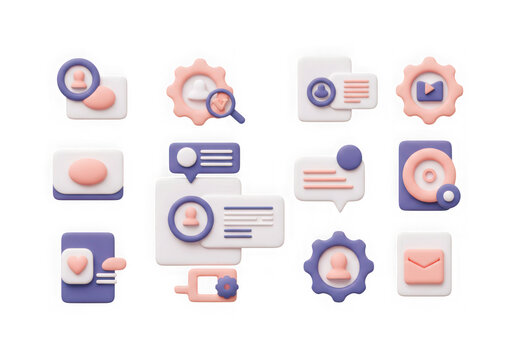 Collection of 3d icons representing user interface elements, settings, and communication, isolated on transparent background