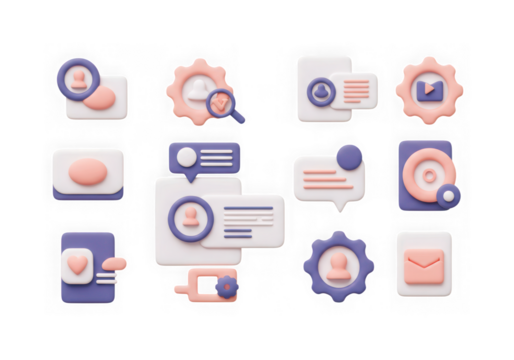 Collection of 3d icons representing user interface elements, settings, and communication, isolated on transparent background
