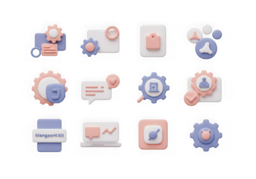 Modern 3d icons depicting user interface elements, settings, and communication tools, isolated on transparent background