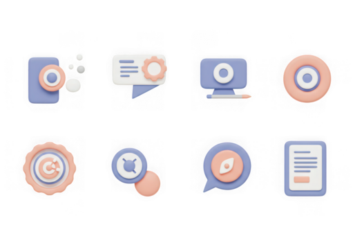 Set of 3d icons representing various digital services and tools, isolated on transparent background - Powered by Adobe