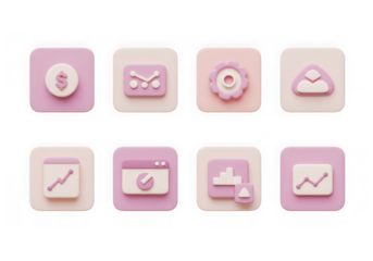 Set of pastel pink and beige 3d icons representing business and finance concepts, isolated on transparent background