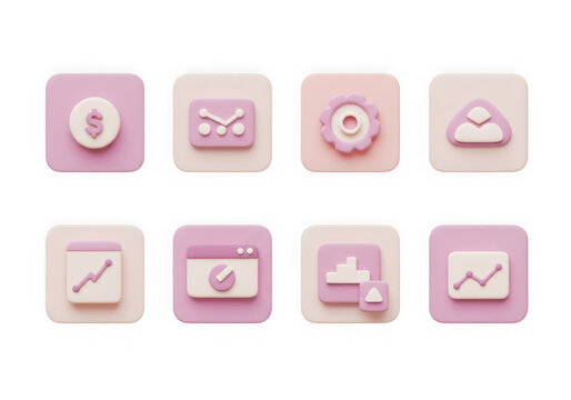 Set of pastel pink and beige 3d icons representing business and finance concepts, isolated on transparent background