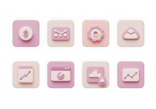 Set of pastel pink and beige 3d icons representing business and finance concepts, isolated on transparent background
