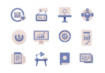 Set of 12 blue and beige 3d icons representing finance, business, and technology, isolated on transparent background