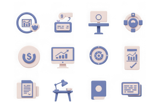 Set of 12 blue and beige 3d icons representing finance, business, and technology, isolated on transparent background