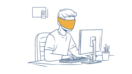 blindfolded man working on computer on white background