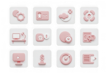 Collection of 12 pastel pink 3d icons for business, finance, and creative concepts, isolated on transparent background