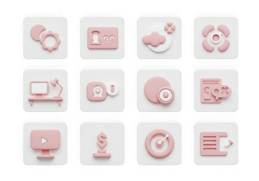 Collection of 12 pastel pink 3d icons for business, finance, and creative concepts, isolated on transparent background